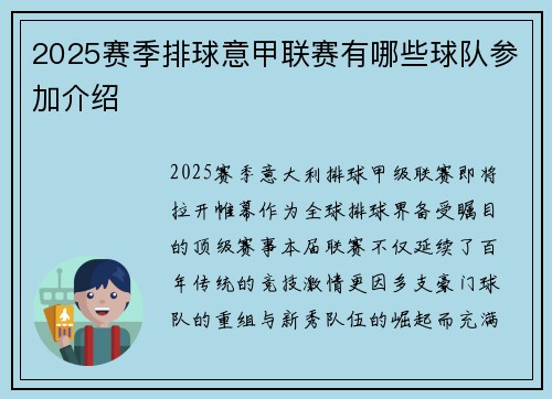 2025赛季排球意甲联赛有哪些球队参加介绍